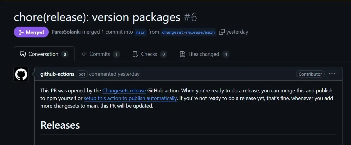 Github changeset version packages PR