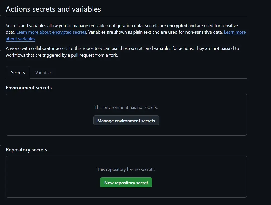 Repository actions secrets and variables